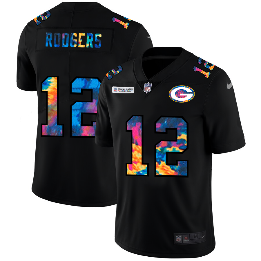 NFL Green Bay Packers #12 Aaron Rodgers Men Nike MultiColor Black 2020  Crucial Catch Vapor Untouchable Limited Jersey